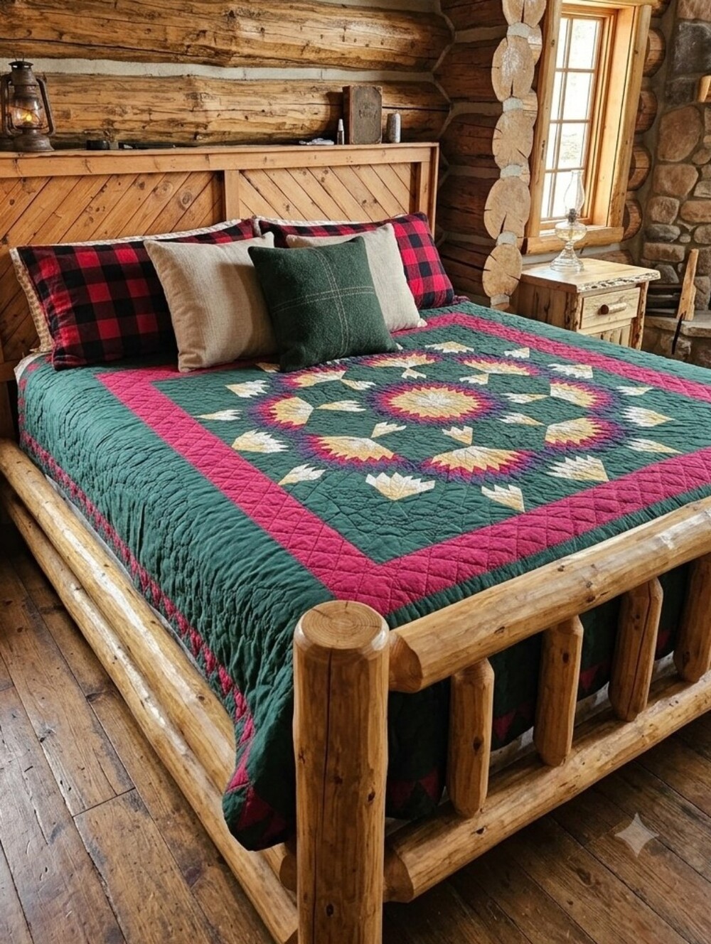 Vintage Green and Red Quilted Bedspread - Cabin Star Pattern